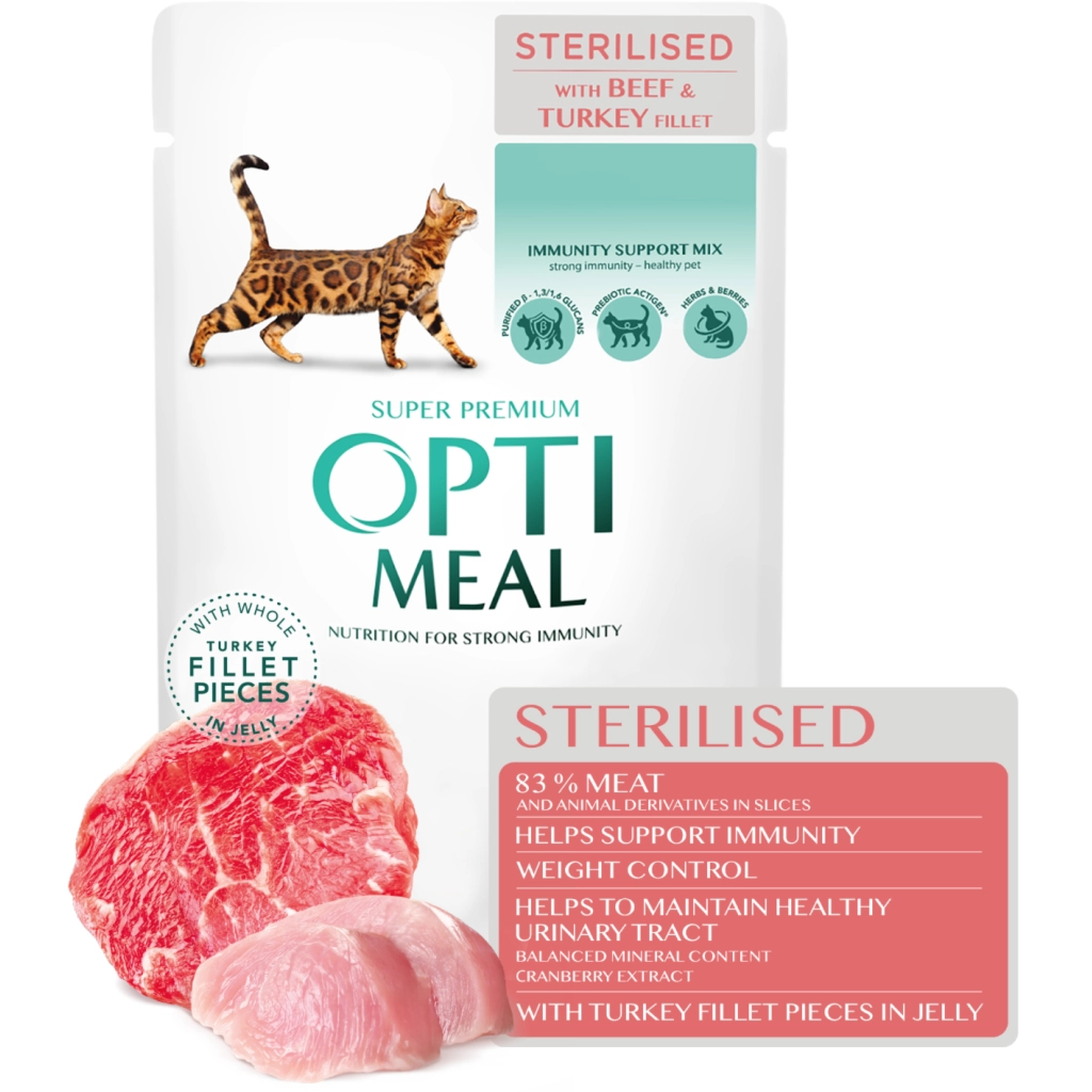 Вологий корм для кішок Optimeal для стерилізованих/кастрованих з яловичиною та індичим філе в желе 85 г (4820215365901)