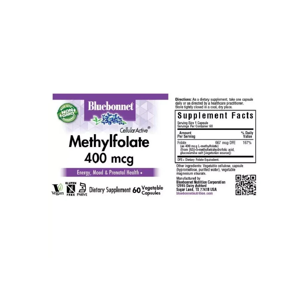 Вітамін Bluebonnet Nutrition Метилфолат (B9) 400мкг, Cellular Active, Methylfolate, 60 вегетаріанських (BLB0456)