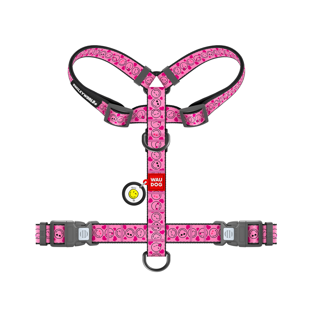 Шлея для собак WAUDOG Nylon анатомічна H-подібна з QR-паспортом "Смайли на рожевому" пластиковий фастекс, XL (346-0187)