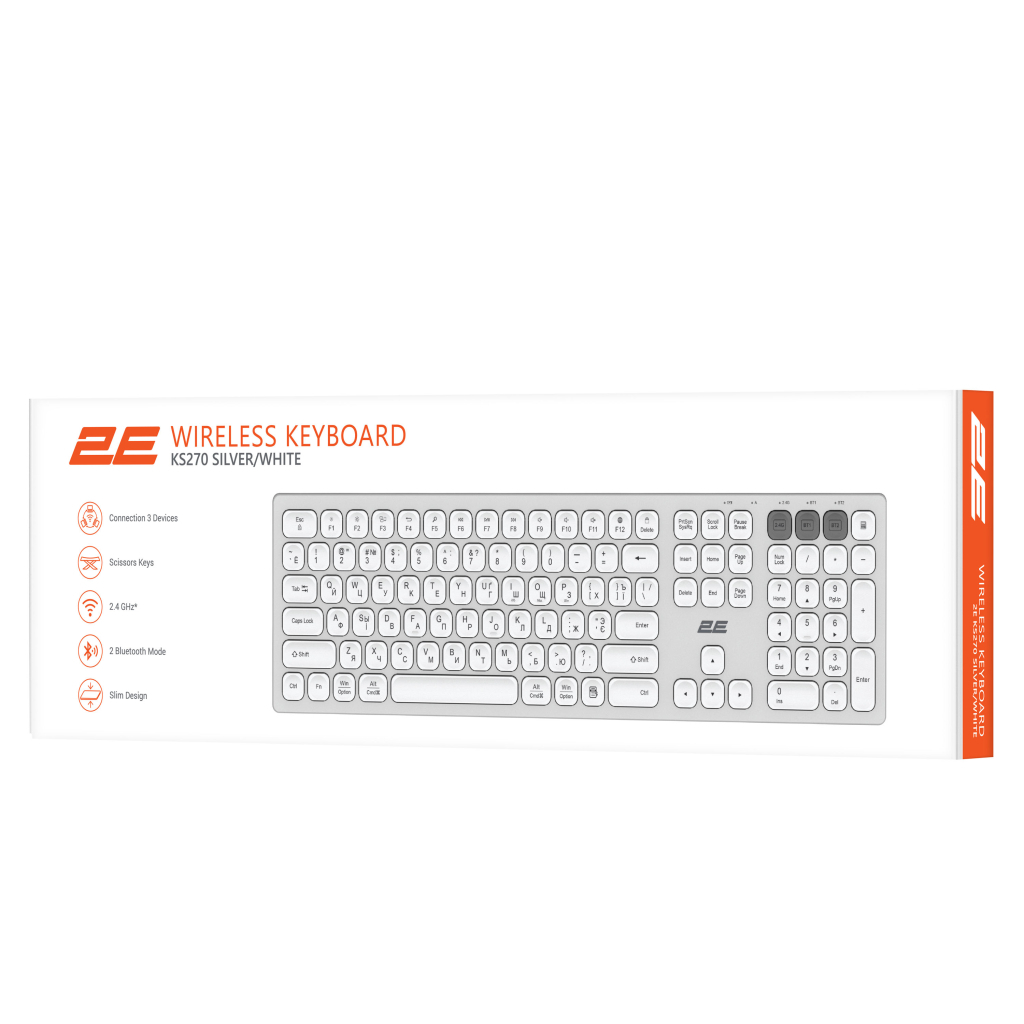 Клавіатура 2E KS270 Wireless Silver/White (2E-KS270WBWH) Клавіатура 2E KS270 Wireless Silver/White (2E-KS270WBWH)