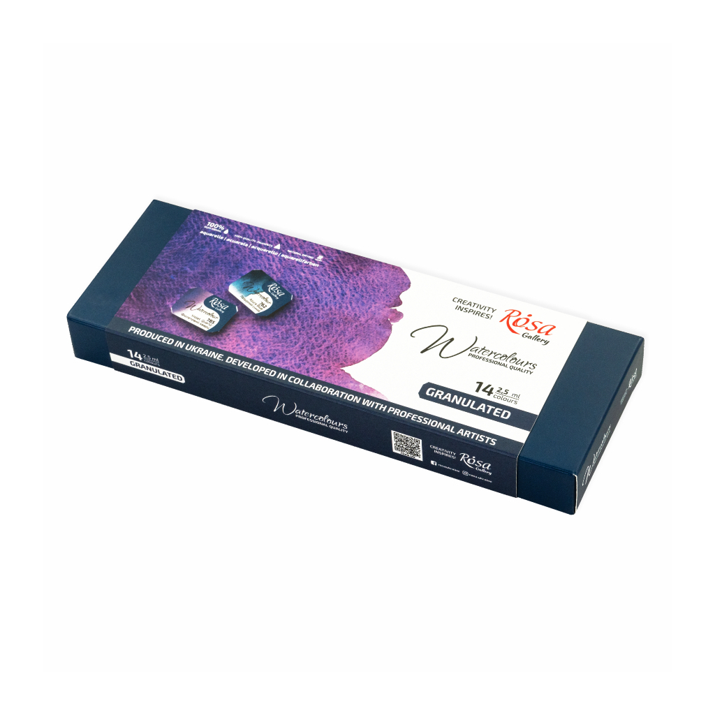 Акварельні фарби Rosa Gallery GRANULATION 14 кольорів по 2,5 мл в металевому пеналі (4823098544128)