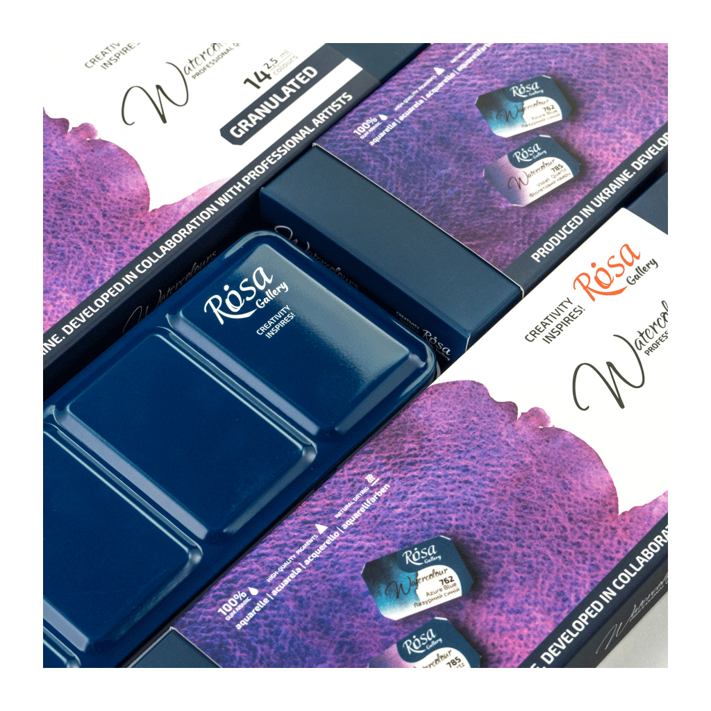 Акварельні фарби Rosa Gallery GRANULATION 14 кольорів по 2,5 мл в металевому пеналі (4823098544128)