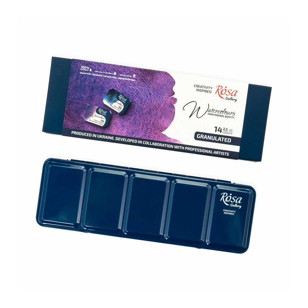 Акварельні фарби Rosa Gallery GRANULATION 14 кольорів по 2,5 мл в металевому пеналі (4823098544128)