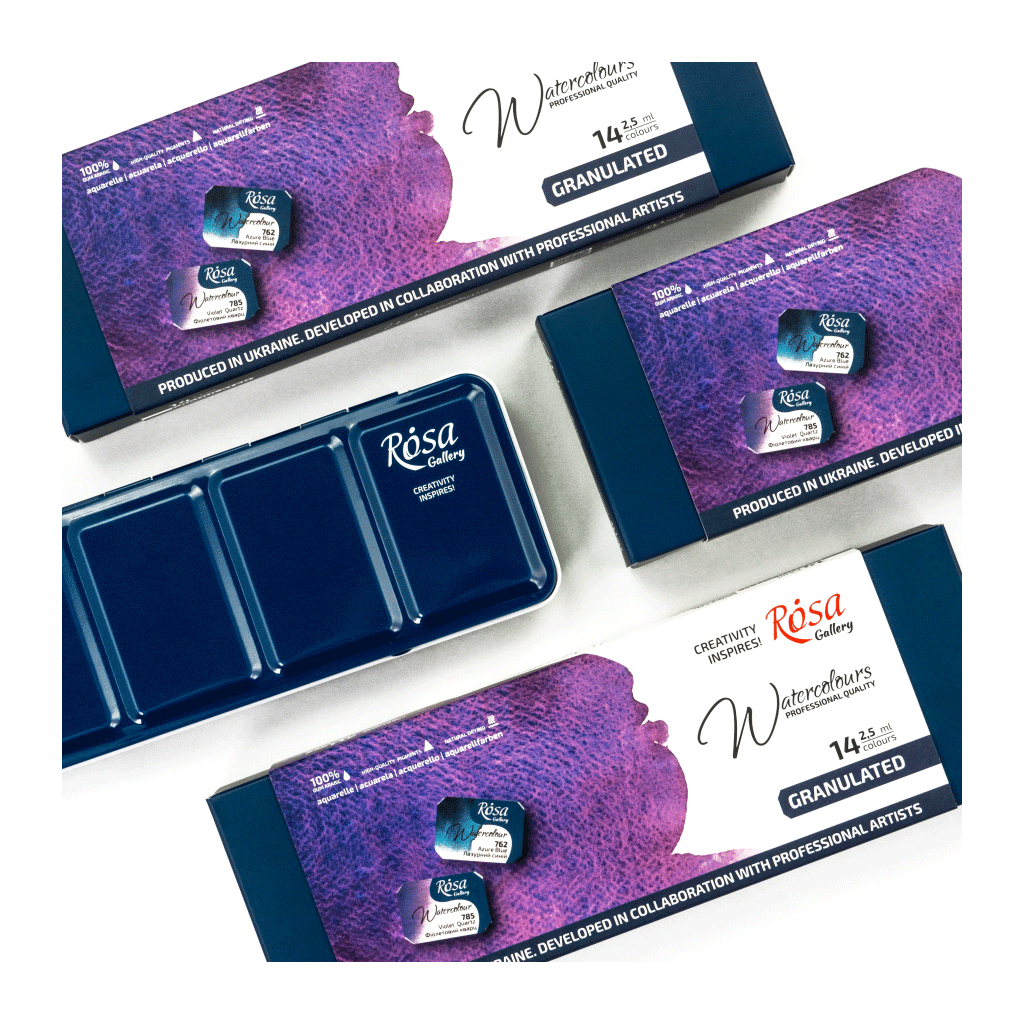 Акварельні фарби Rosa Gallery GRANULATION 14 кольорів по 2,5 мл в металевому пеналі (4823098544128)