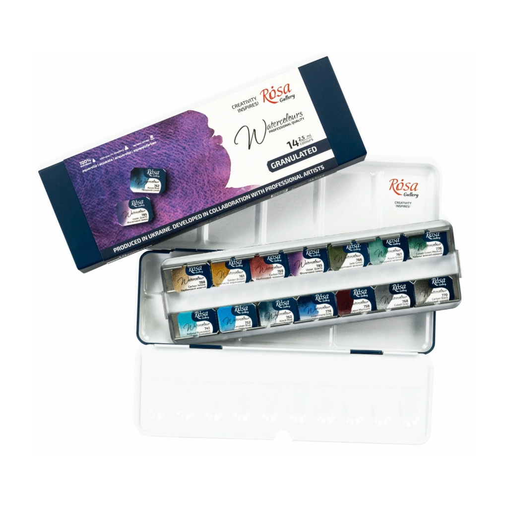 Акварельні фарби Rosa Gallery GRANULATION 14 кольорів по 2,5 мл в металевому пеналі (4823098544128)