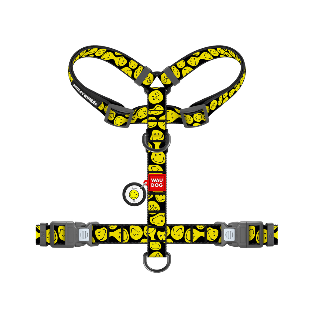 Шлея для собак WAUDOG Nylon анатомічна H-подібна з QR-паспортом "Смайли на чорному" пластиковий фастекс, L (345-0181)