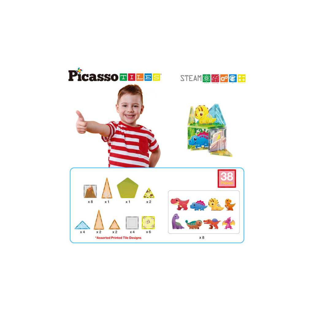 Конструктор Picasso магнітний Tiles Dinosaur Set з 8 фігурками динозаврів 38 деталей (817338028848)