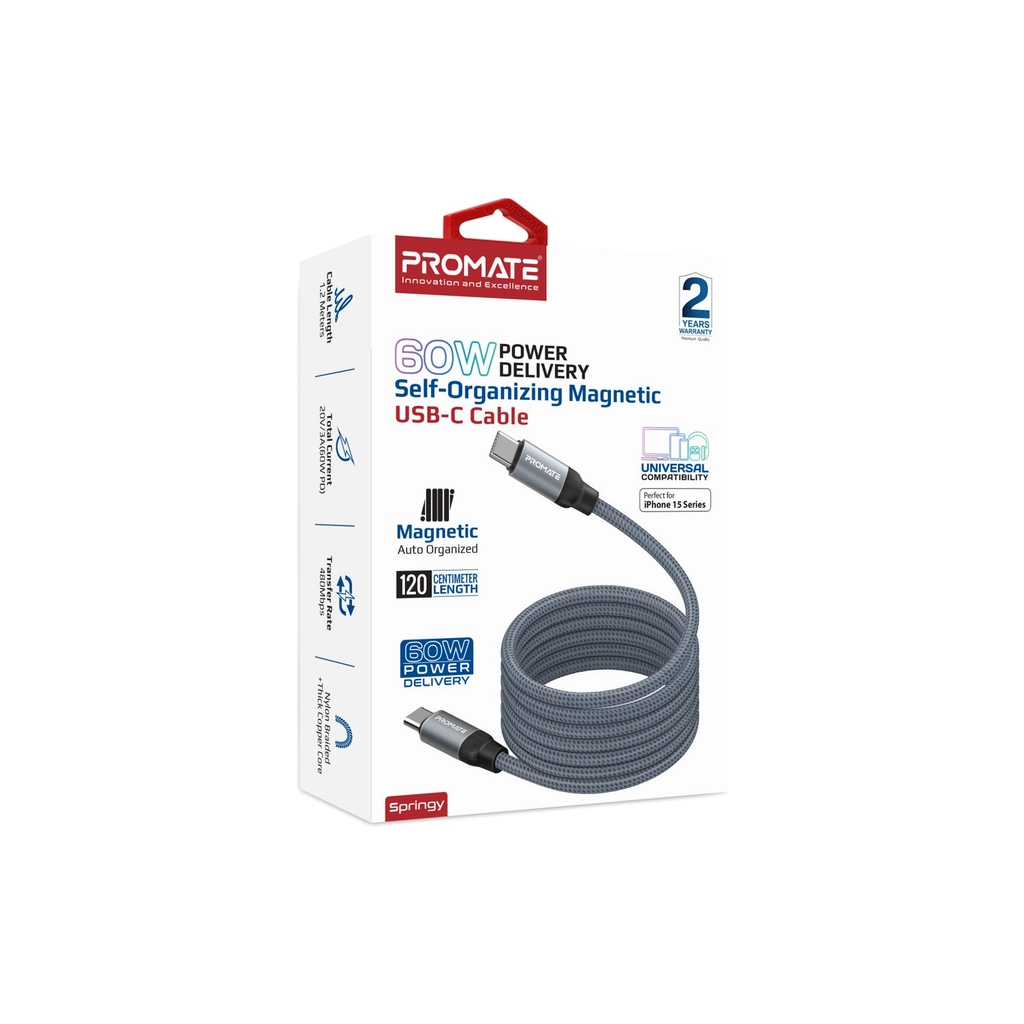 Дата кабель USB-C to USB-C 1.2m Promate (springy.grey) Дата кабель USB-C to USB-C 1.2m Promate (springy.grey)