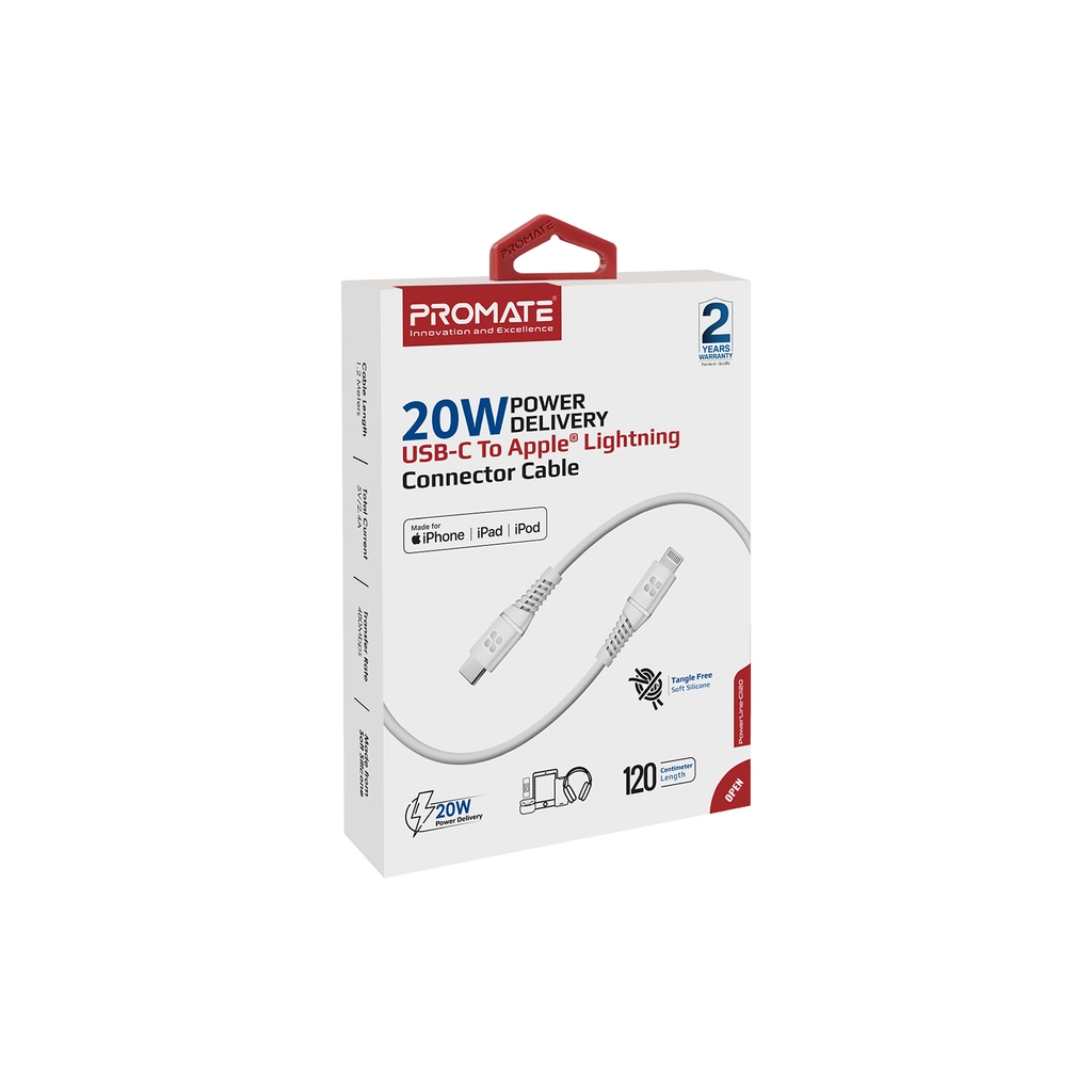 Дата кабель USB-C to Lightning 1.2m 20W PD MFi black Promate (powerline-ci120.white)