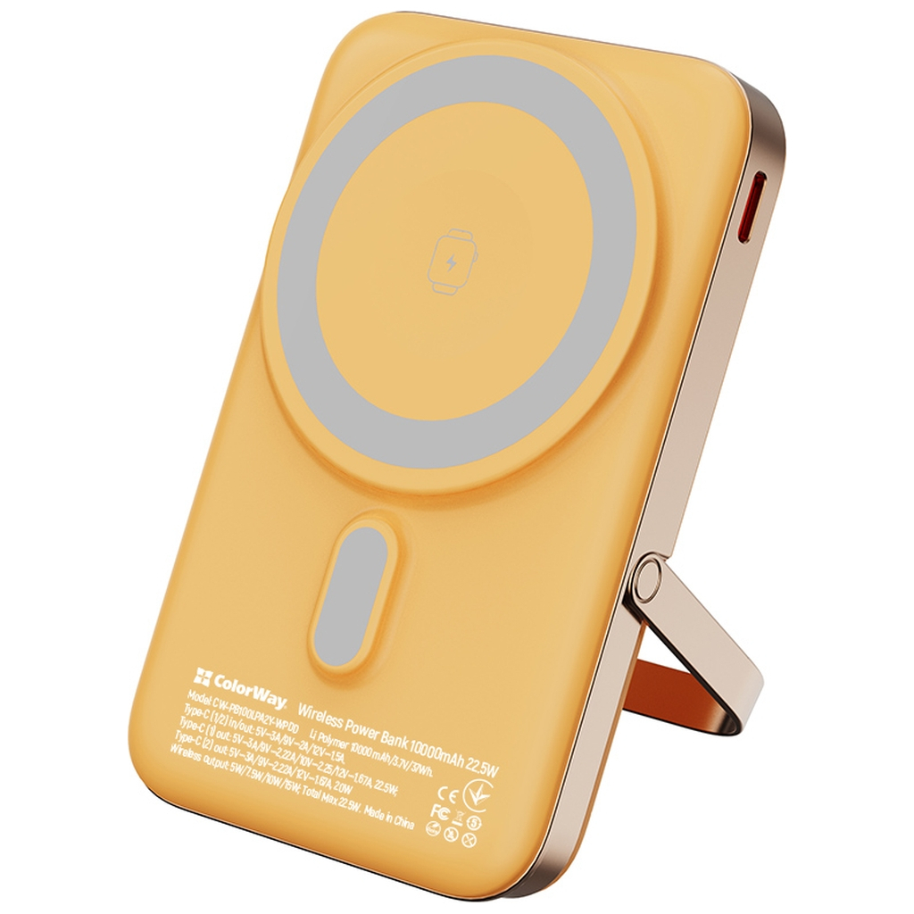 Повербанк ColorWay 10 000 mAh PD/22.5W, 15W MagSafe & Watch Wireless Amber (CW-PB100LPA2Y-WPDD)