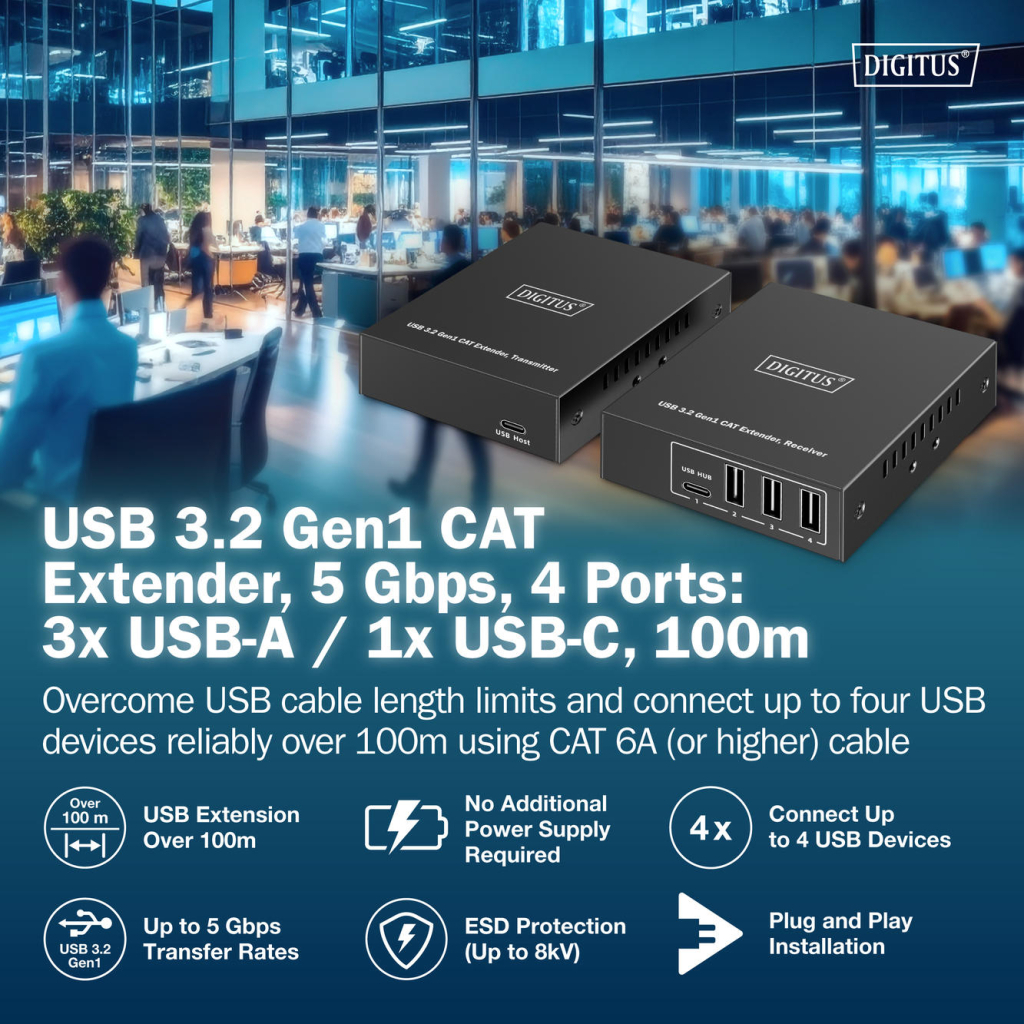 Адаптер Digitus USB extender 100 m RJ-45 to 3xUSB-A + 1xUSB-C (DA-73121)