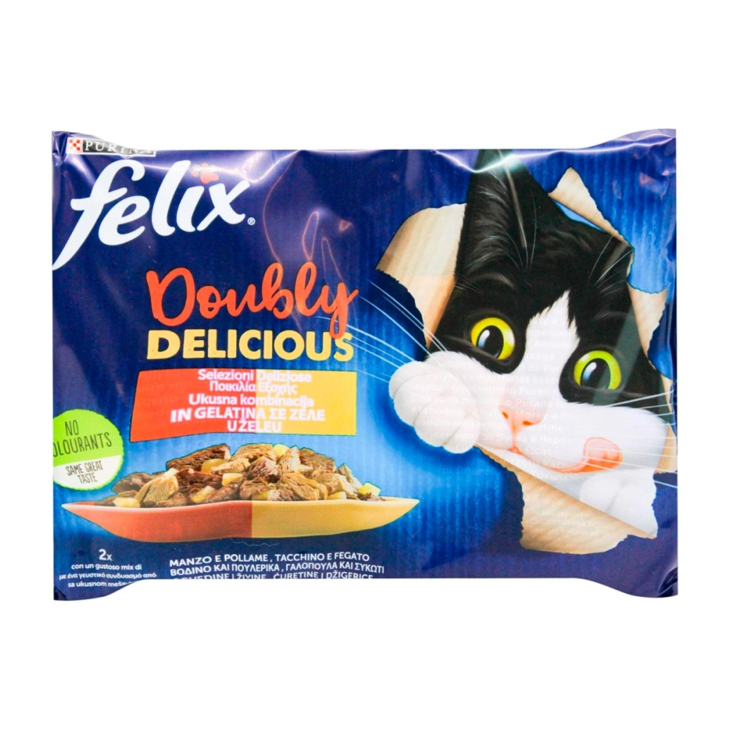 Вологий корм для кішок Purina Felix Doubly Delicious з індичкою, печінкою, яловичиною та птицею 4х85 г (7613287487612) Вологий корм для кішок Purina Felix Doubly Delicious з індичкою, печінкою, яловичиною та птицею 4х85 г (7613287487612)