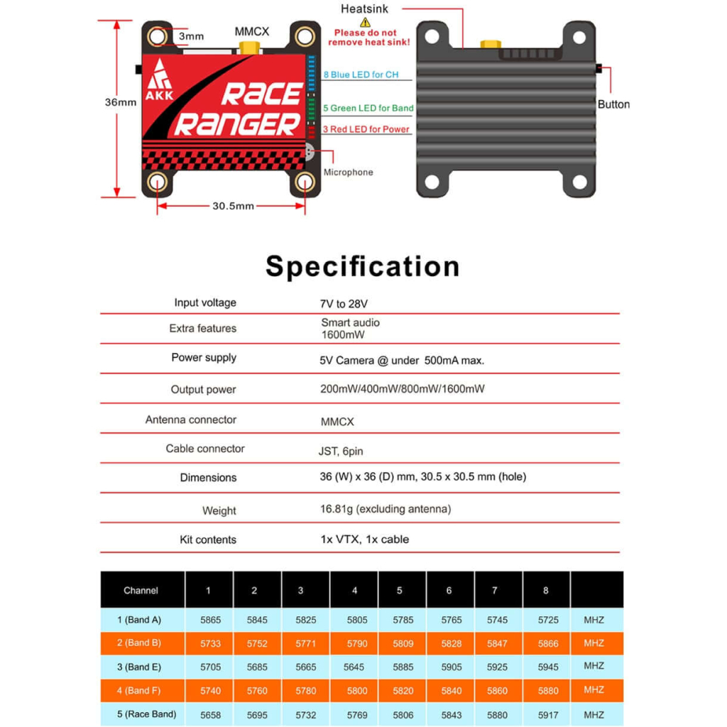 Відеопередавач (VTX) AKK Race Ranger 1.6W 5.8GHz 48CH L,X Band (TX1918LX)