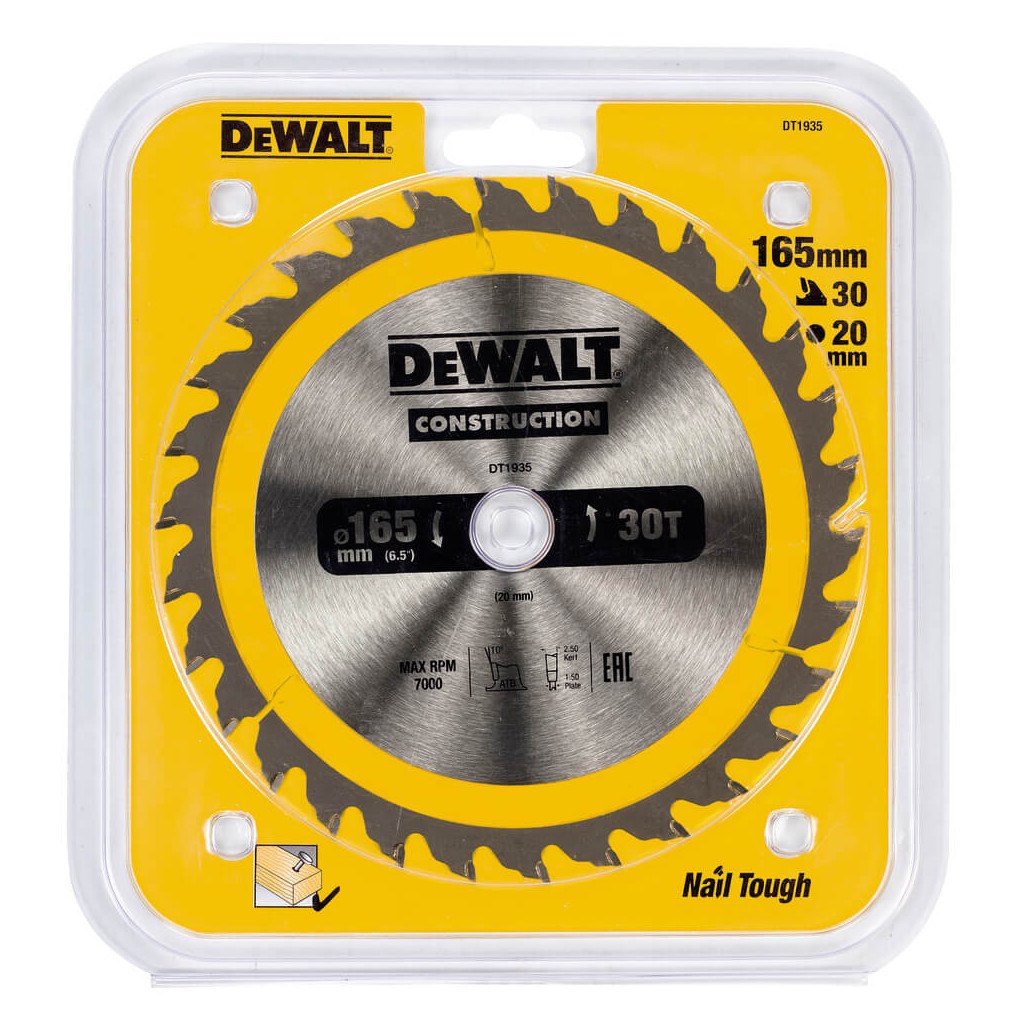 Диск пильний DeWALT CONSTRUCTION, 165х20 мм, 30z (ATB), 10 гр. (DT1935) Диск пильний DeWALT CONSTRUCTION, 165х20 мм, 30z (ATB), 10 гр. (DT1935)