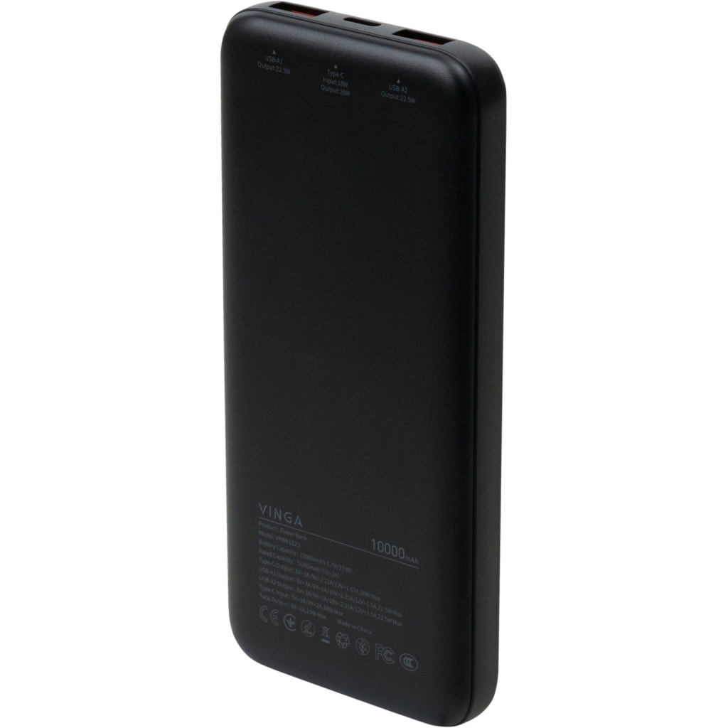 Батарея універсальна Vinga 10000 mAh 22.5W Display Black (VPBB1022)