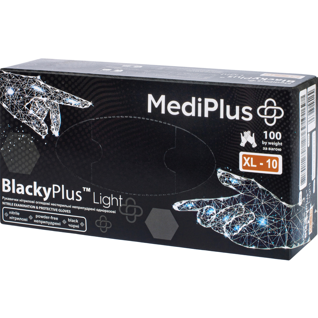 Медичні рукавички MediPlus BlackyPlus Light Нітрилові оглядові нестерильні неприпудрені Чорні Розмір XL 100 шт. (6933265560160)