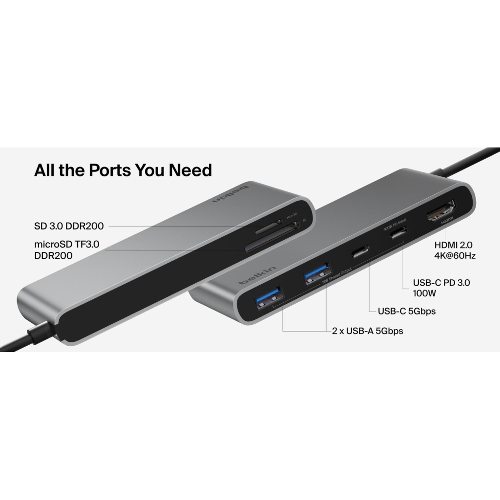 Концентратор Belkin USB-C 7-in-1 2xUSB 3.0 + USB-C + PD + HDMI 2.0 4K60Hz + SD/TF gray (AVC023HQSGY)