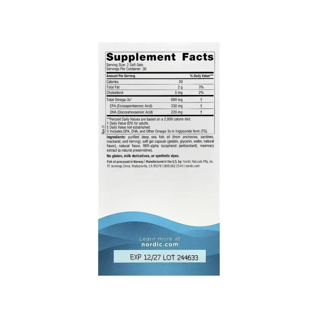 Вітамінно-мінеральний комплекс Nordic Naturals Омега-3, 690 мг на порцію, смак лимона, Omega-3, 60 гелевих кап (NOR-01760)