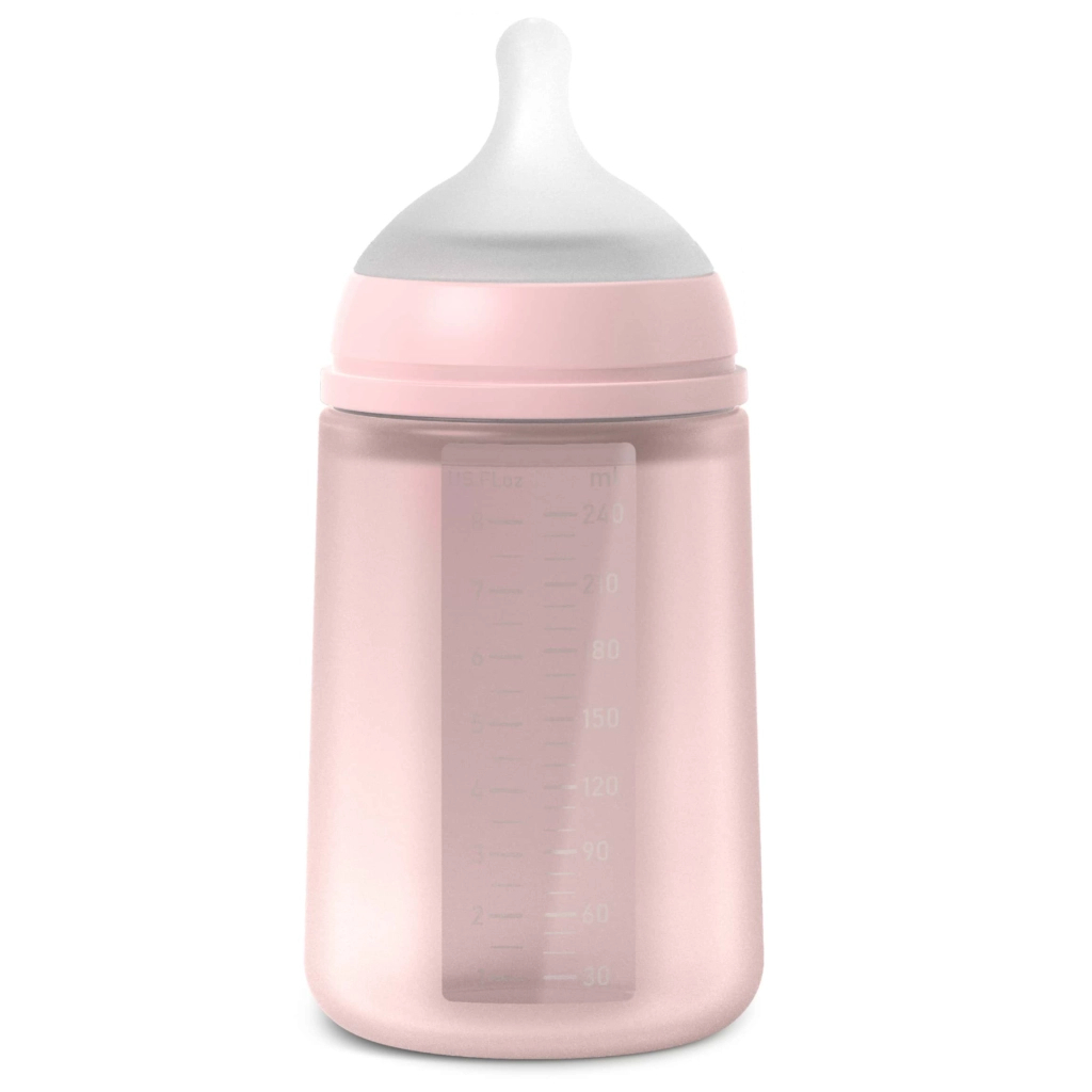 Пляшечка для годування Suavinex Colour Essence, 240 мл, силіконова, 240 мл, фізіологічна соска повільний потік, , світло-рожева (308654)