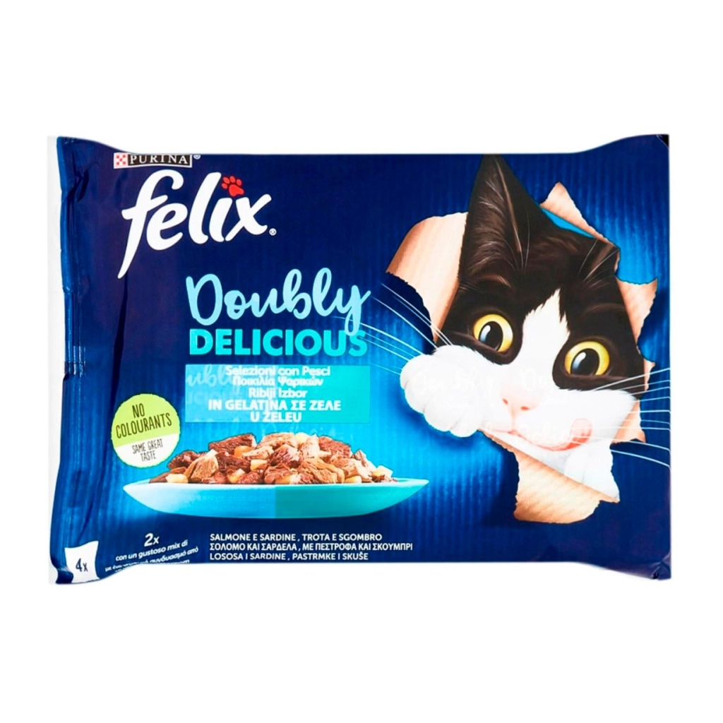 Вологий корм для кішок Purina Felix Doubly Delicious з лососем, сардиною, фореллю та скумбрією 4х85 г (7613287487391) Вологий корм для кішок Purina Felix Doubly Delicious з лососем, сардиною, фореллю та скумбрією 4х85 г (7613287487391)