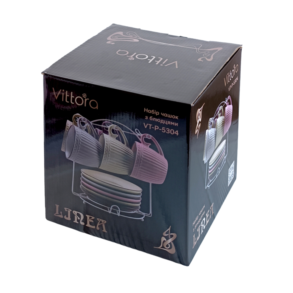 Набір чашок Vittora Linea 6 чашок з блюдцями на підставці (VT-P-5304) Набір чашок Vittora Linea 6 чашок з блюдцями на підставці (VT-P-5304)