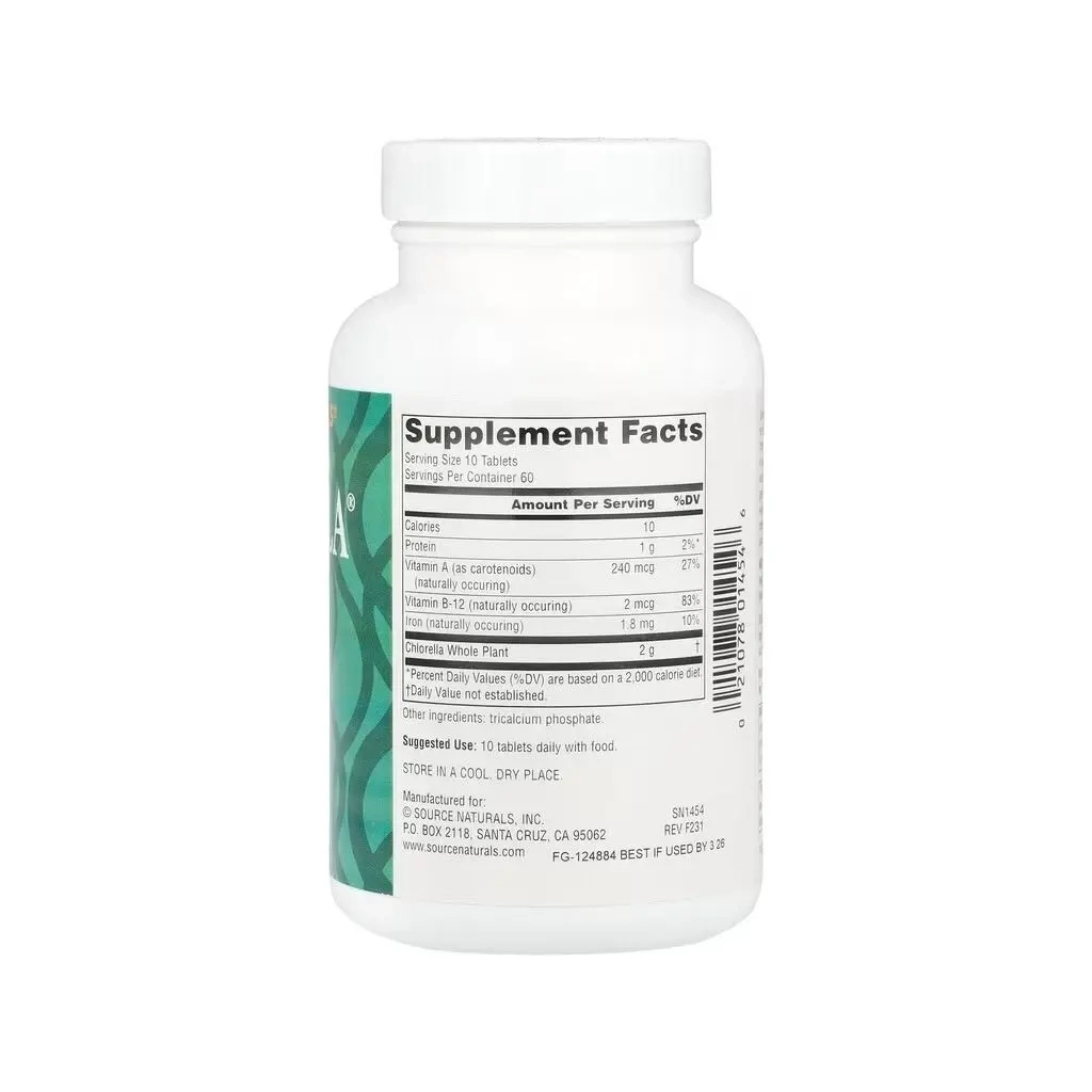 Мінерали Source Naturals Хлорелла, 200 мг, Yaeyama Chlorella, 600 таблеток (SNS-01454)