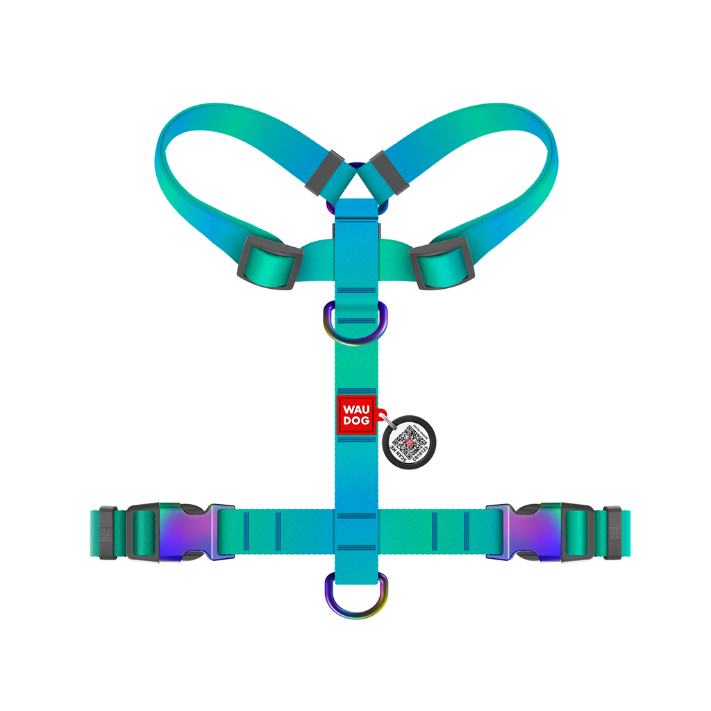 Шлея для собак WAUDOG Nylon Recycled анатомічна H-подібна з QR-паспортом, градієнт, S блакитна (52862)