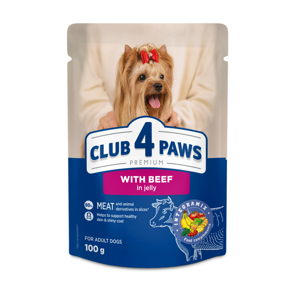 Вологий корм для собак Club 4 Paws Premium Шматочки з яловичиною в желе 100 г (4820269144583)