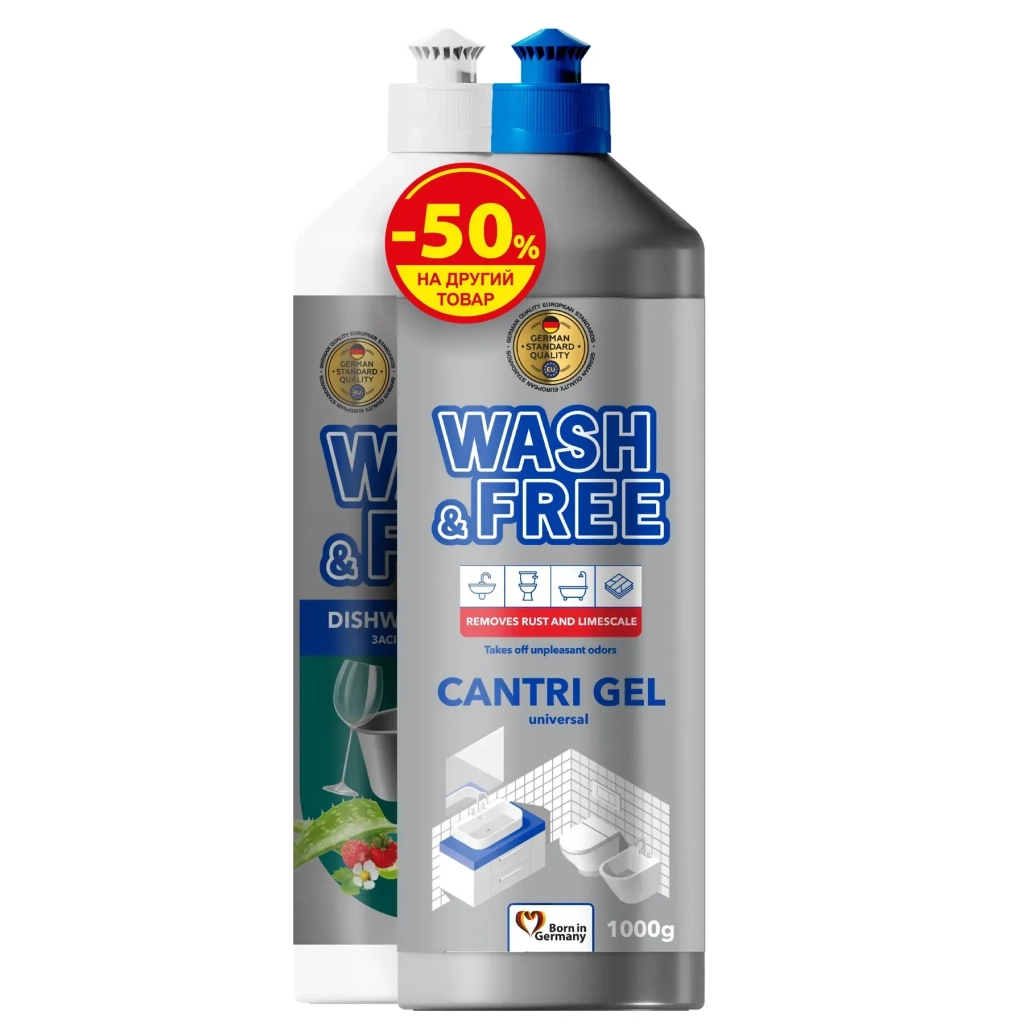 Набір побутової хімії Wash&Free Засіб для чищення універсальний 1000 г + Засіб для миття посуду Алое та лісова суниця 1000 г (9200000991044)