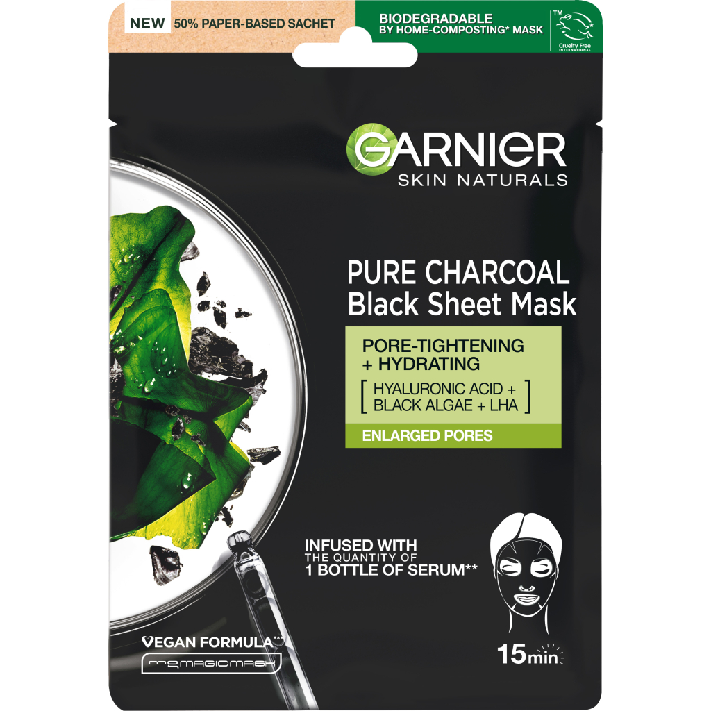 Маска для обличчя Garnier Skin Naturals Чорна Тканинна Вугілля + Чорні водорості 28 г (3600542097208/3600542097253)