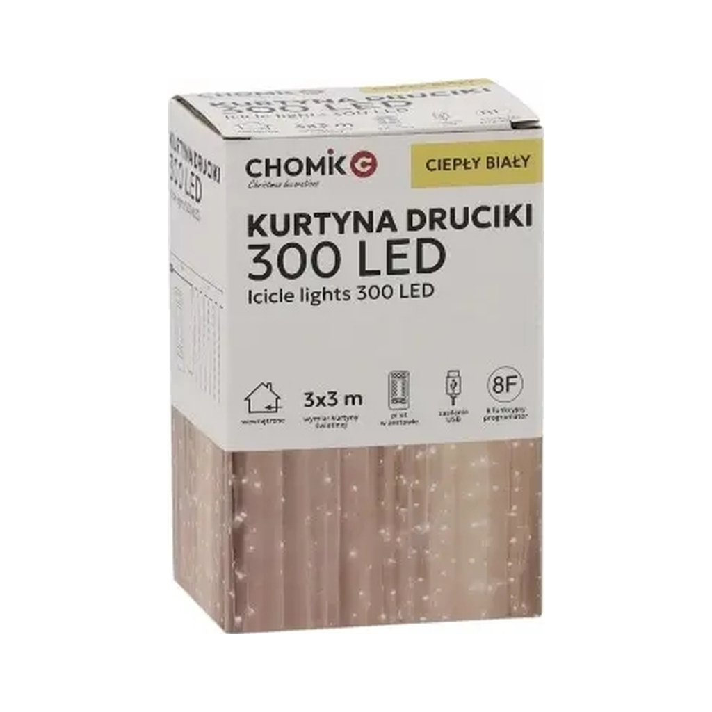 Гірлянда Chomik Штора 3 х 3 м 300 LED Теплий білий USB з пультом (5900779879997) Гірлянда Chomik Штора 3 х 3 м 300 LED Теплий білий USB з пультом (5900779879997)