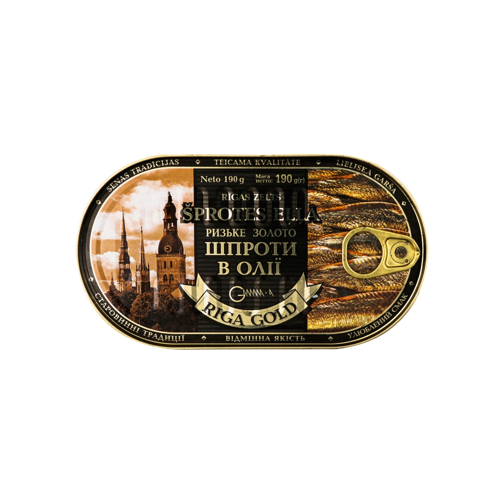 Рибні консерви Ризьке золото Шпроти в олії 190 г з ключем (4820062446372)