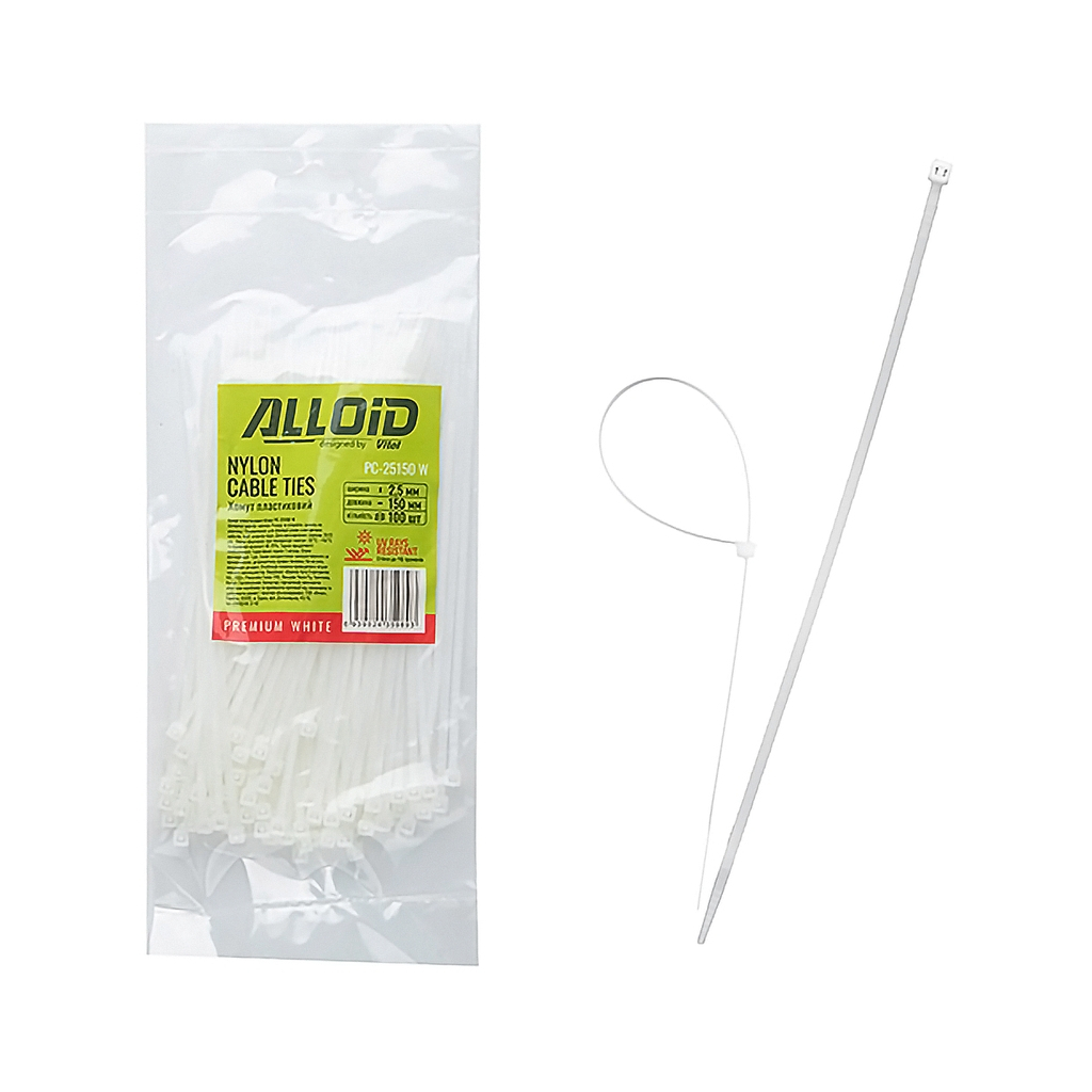 Стяжка Alloid 2.5х150мм, пластик, 100шт./уп., білий (PC-25150W)