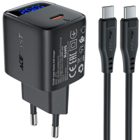 Зарядний пристрій Acefast USB-C 20W GaN + cable USB-C with digital display black (6974316284420)