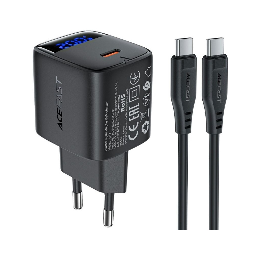Зарядний пристрій Acefast USB-C 20W GaN + cable USB-C with digital display black (6974316284420)