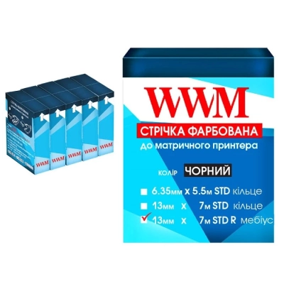 Стрічка до принтерів 13мм х 7м (прав) Black*5шт WWM (R13.7SR5)