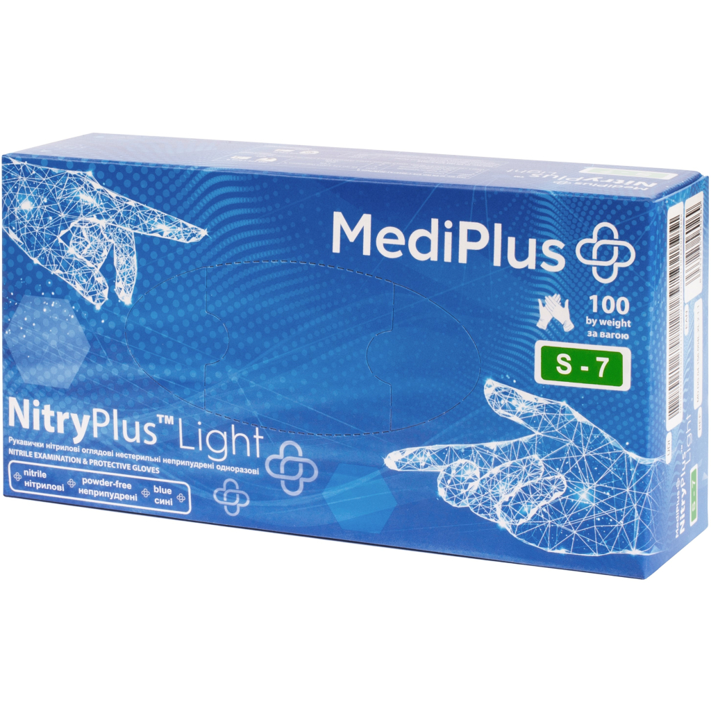 Медичні рукавички MediPlus NitryPlus Light Нітрилові оглядові нестерильні неприпудрені Сині Розмір S 100 шт. (6933265560238)