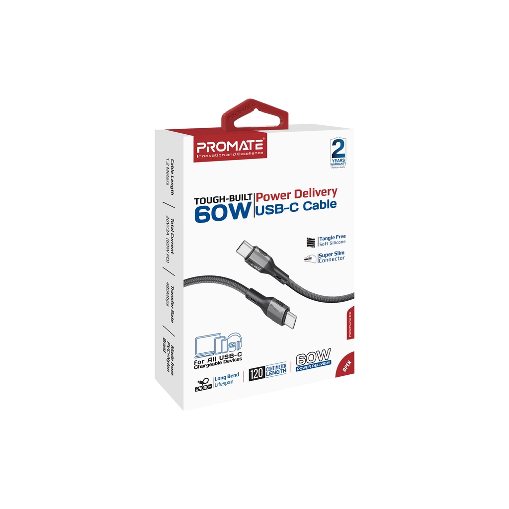 Дата кабель USB-C to USB-C 1.2m 60W PD FletchLink-CC black Promate (fletchlink-cc.black)