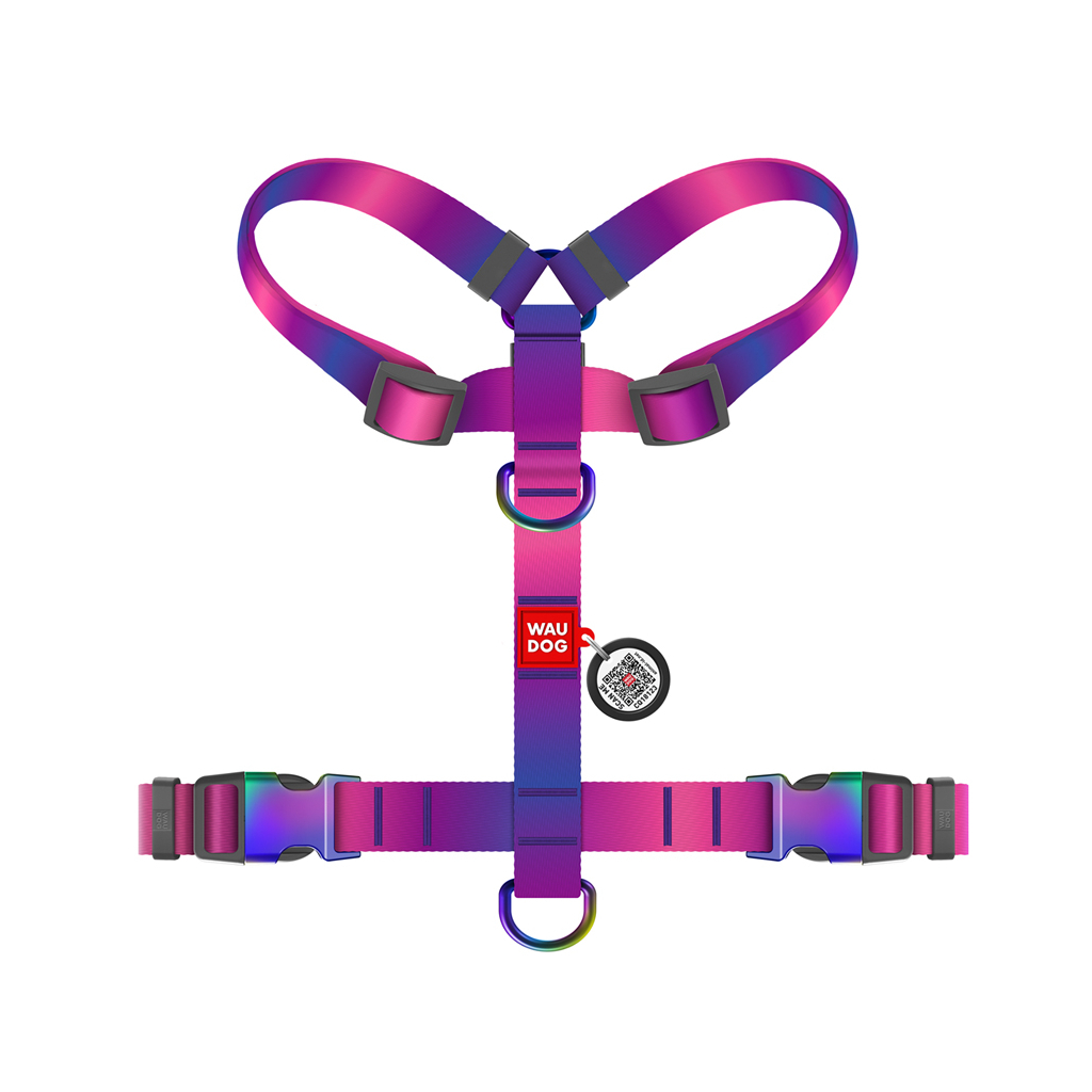 Шлея для собак WAUDOG Nylon Recycled анатомічна H-подібна з QR-паспортом, градієнт, S фіолетова (52869)