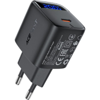 Зарядний пристрій Acefast USB-C 20W GaN with digital display black (6974316284413)