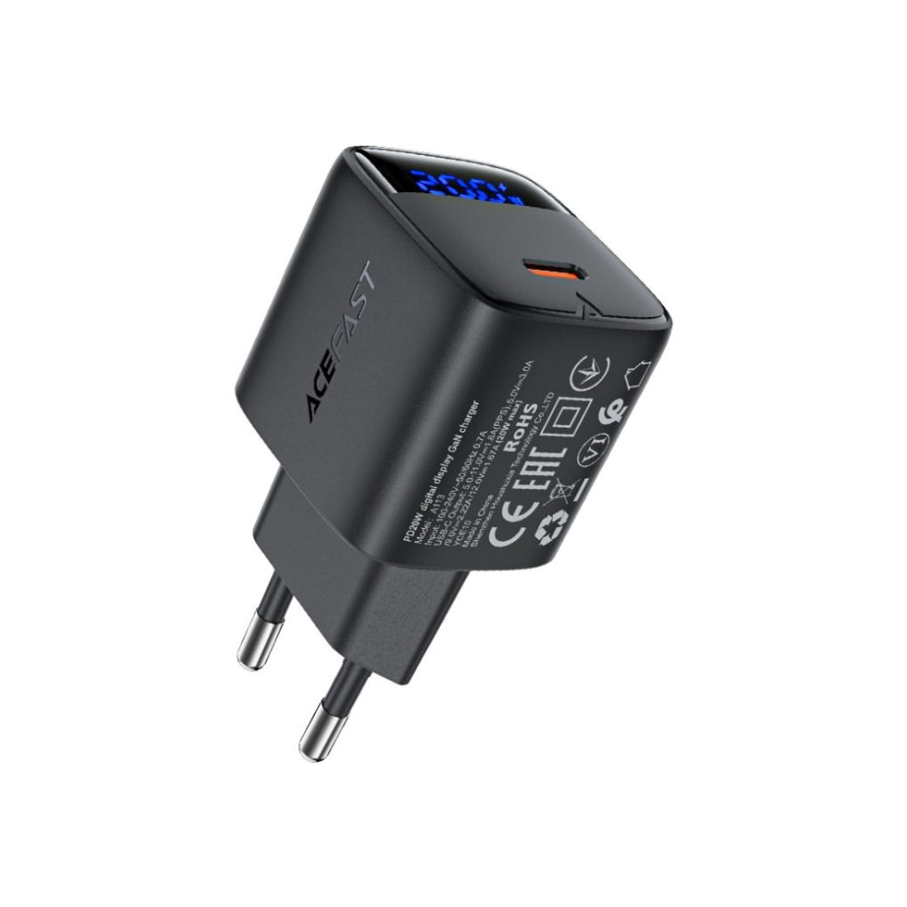 Зарядний пристрій Acefast USB-C 20W GaN with digital display black (6974316284413)