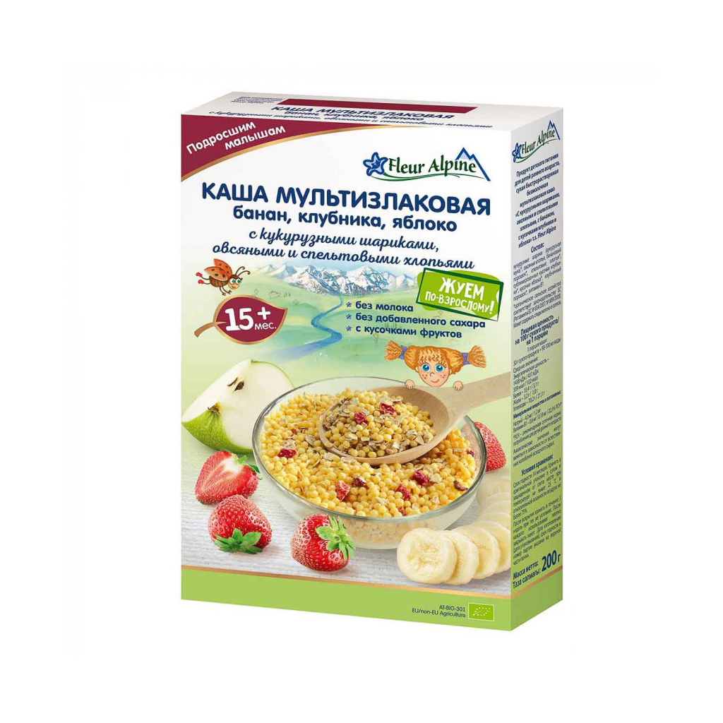 Дитяча каша Fleur Alpine безмолочна Organic Мультизлакова банан-яблуко-полуниця 200 г (9010004508168)