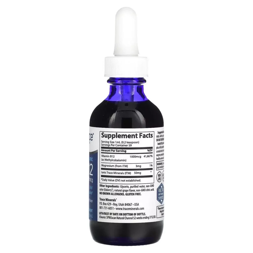 Вітамін Trace Minerals Вітамін B12 іонний у краплях, 1000 мкг, смак винограду, Ionic B12 (TMR-00356)