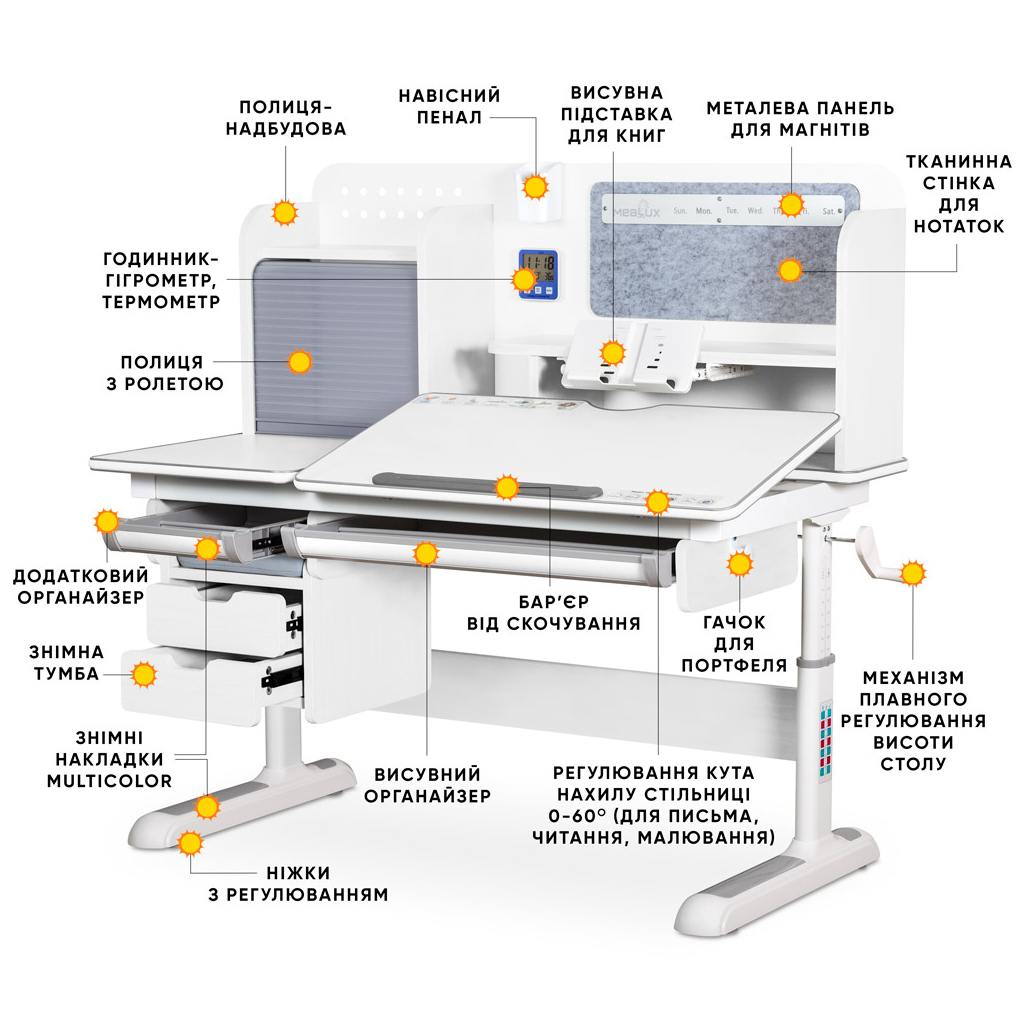 Парта Mealux Winnipeg Multicolor Plus WG Grey (BD-630 WG з тумбою)