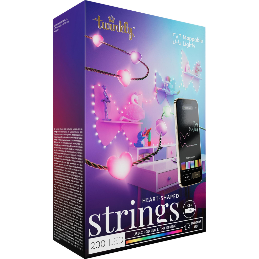 Гірлянда Twinkly Smart LED, Strings USB 200 Heart-shaped RGB LEDs, Green Wire, USB-C 12м (TWKH200RGB-G)