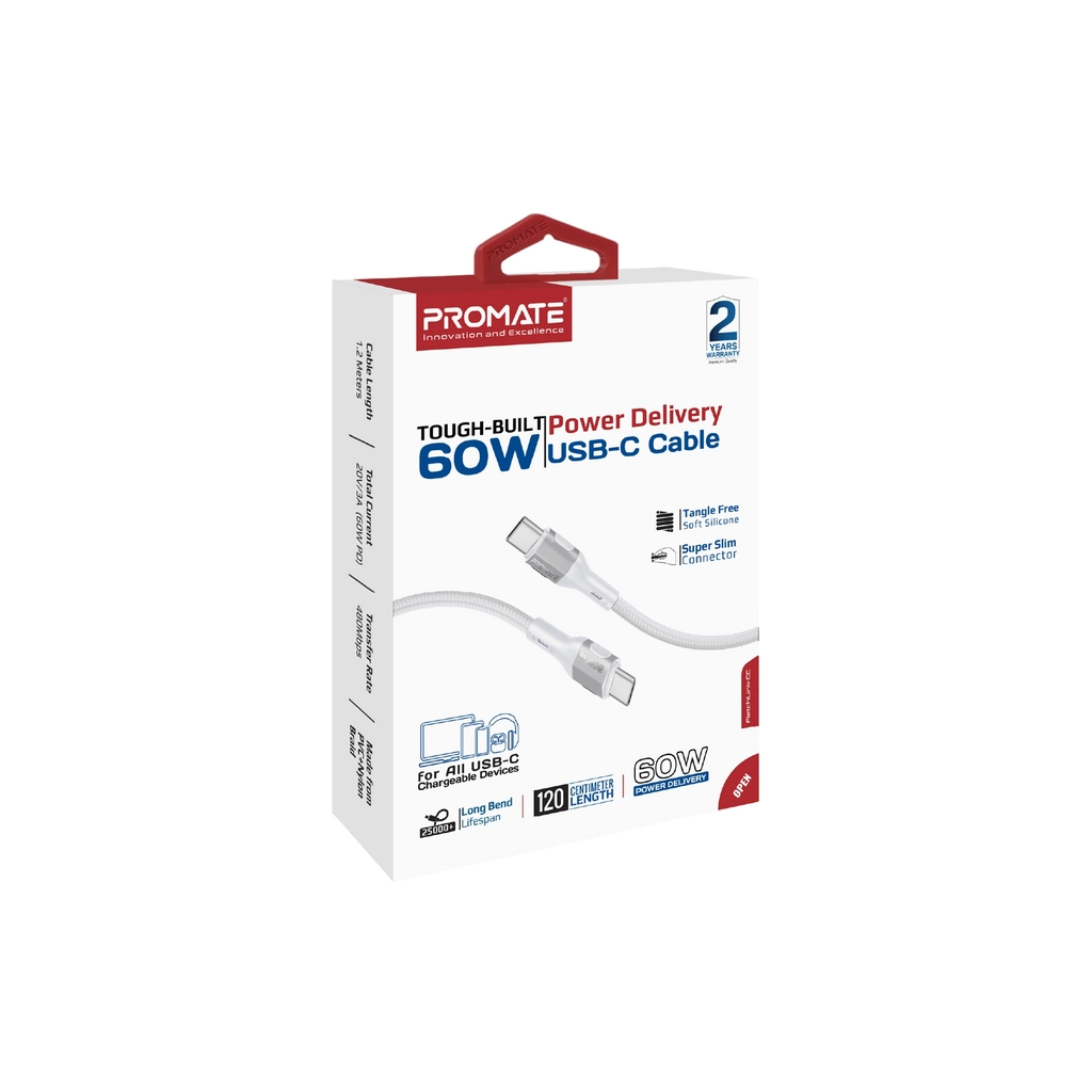 Дата кабель USB-C to USB-C 1.2m 60W PD FletchLink-CC grey Promate (fletchlink-cc.grey)