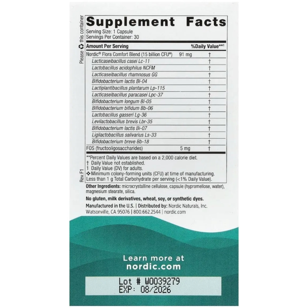 Вітамінно-мінеральний комплекс Nordic Naturals Пробіотики, 15 млрд КУО, Nordic Flora Probiotic, Comfort, 30 капсул (NOR-01676)
