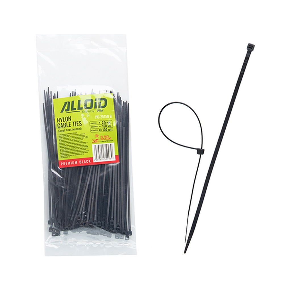 Стяжка Alloid 2.5х150мм, пластик, 100шт./уп., чорний (PC-25150B)