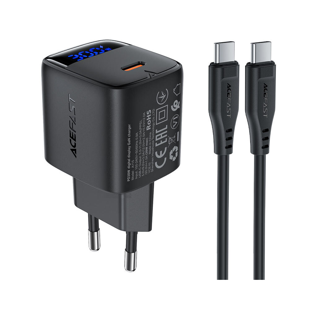 Зарядний пристрій Acefast USB-C 30W GaN + cable USB-C black (6974316284451)