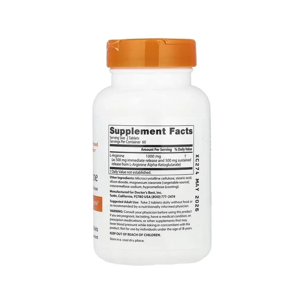 Вітамінно-мінеральний комплекс Doctor's Best L-Аргінін, 500 мг у кожній, L-Arginine 1000, 120 таблеток (DRB-00200)